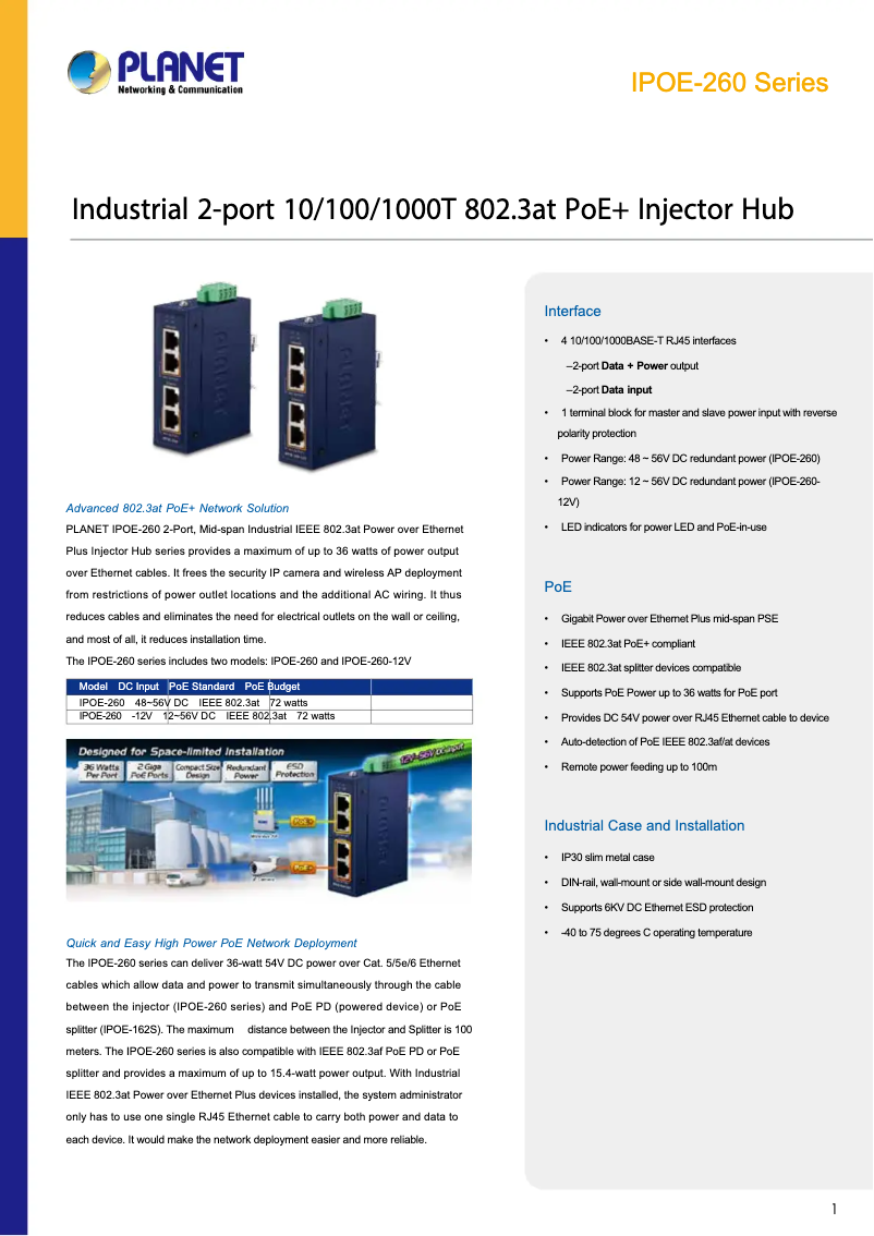 Page 1 de la notice Fiche technique Planet IPOE-260 Series