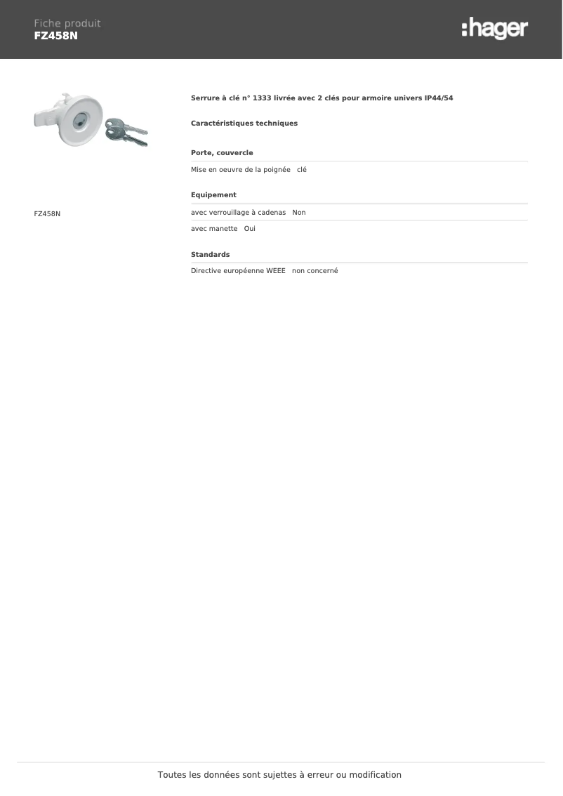 Page n°1 - Manuel utilisateur Hager FZ458N