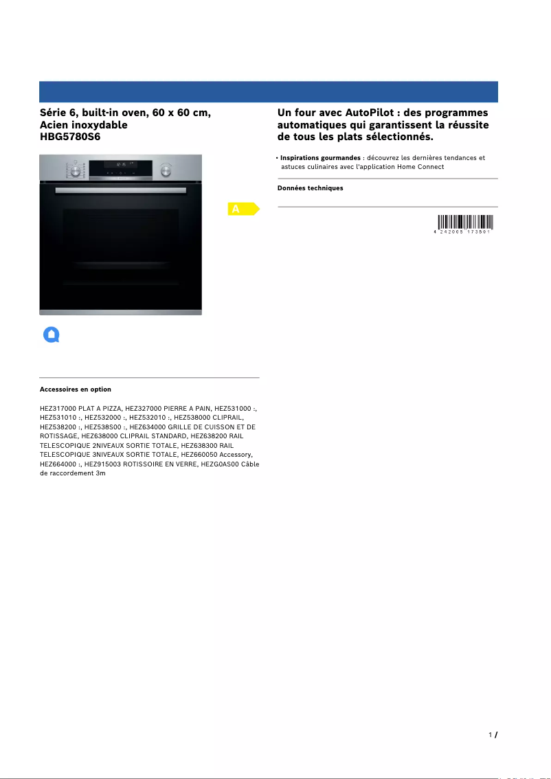 Page 1 de la notice Fiche technique Bosch HBG5780S6