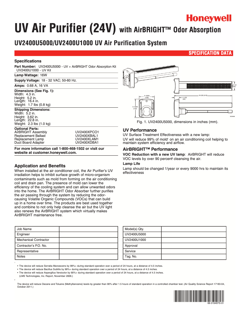 Page 1 de la notice Fiche technique Honeywell UV Air Purifier UV2400U1000