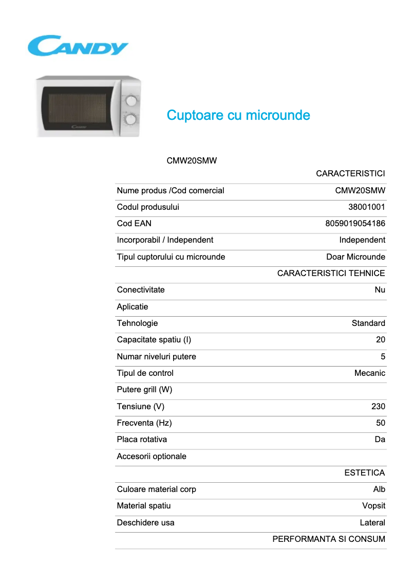 Page 1 de la notice Fiche technique Candy CMW20SMW