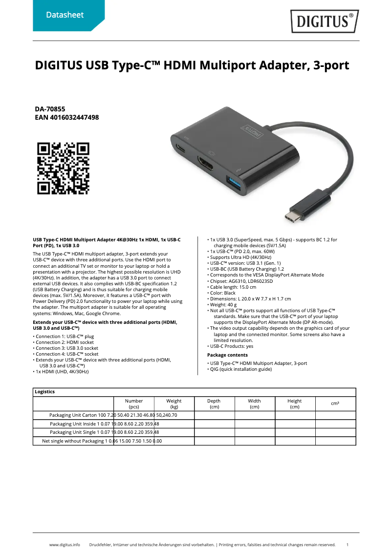 Page n°1 - Fiche technique Digitus DA-70855