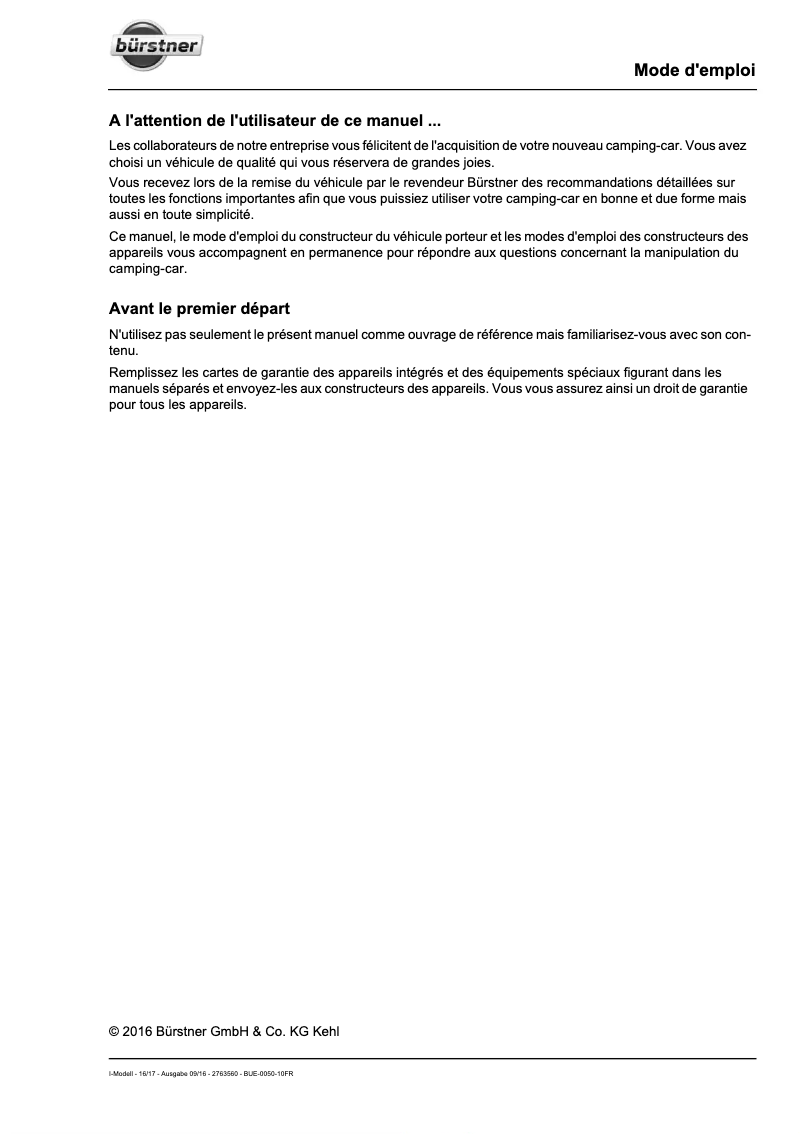 Page 1 de la notice Manuel utilisateur Bürstner Aviano (2017)