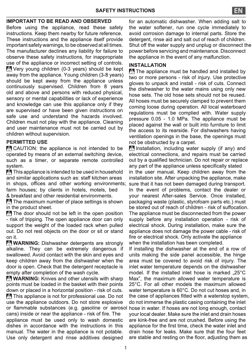 Page 1 de la notice Instructions de sécurité Whirlpool WFE 2B19 UK N