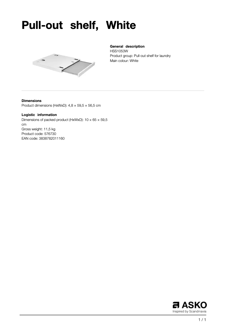 Page n°1 - Fiche technique Asko 576730