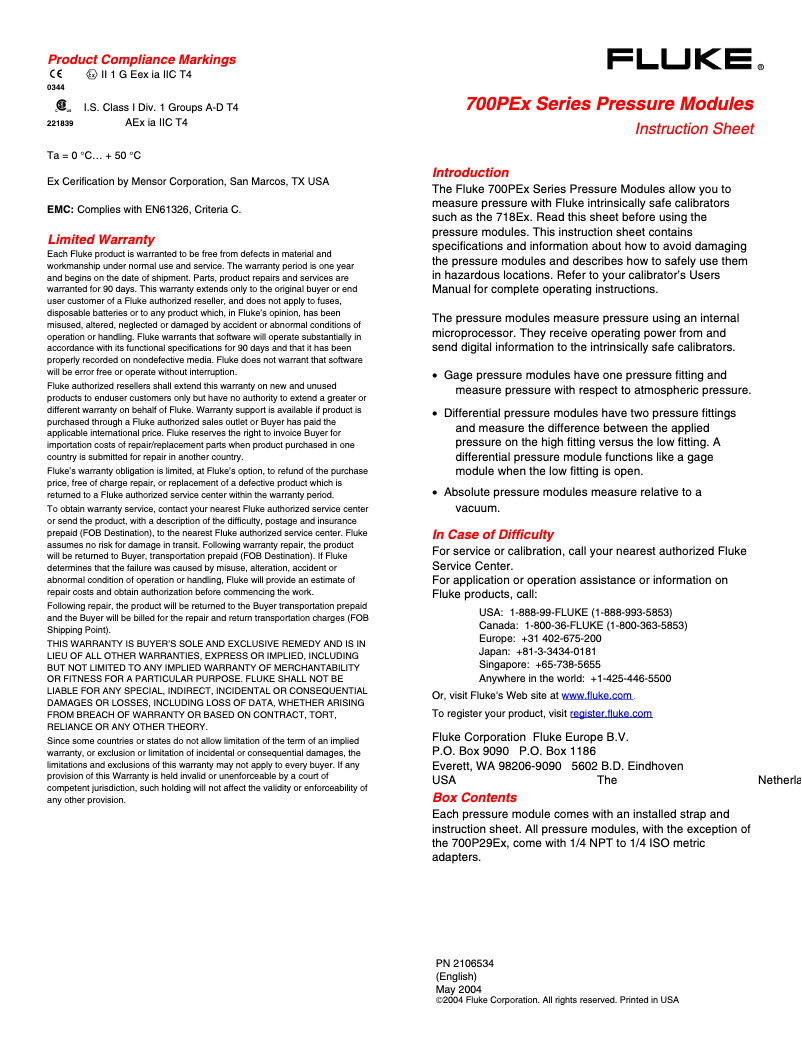 Page 1 de la notice Instructions / montage Fluke 725Ex