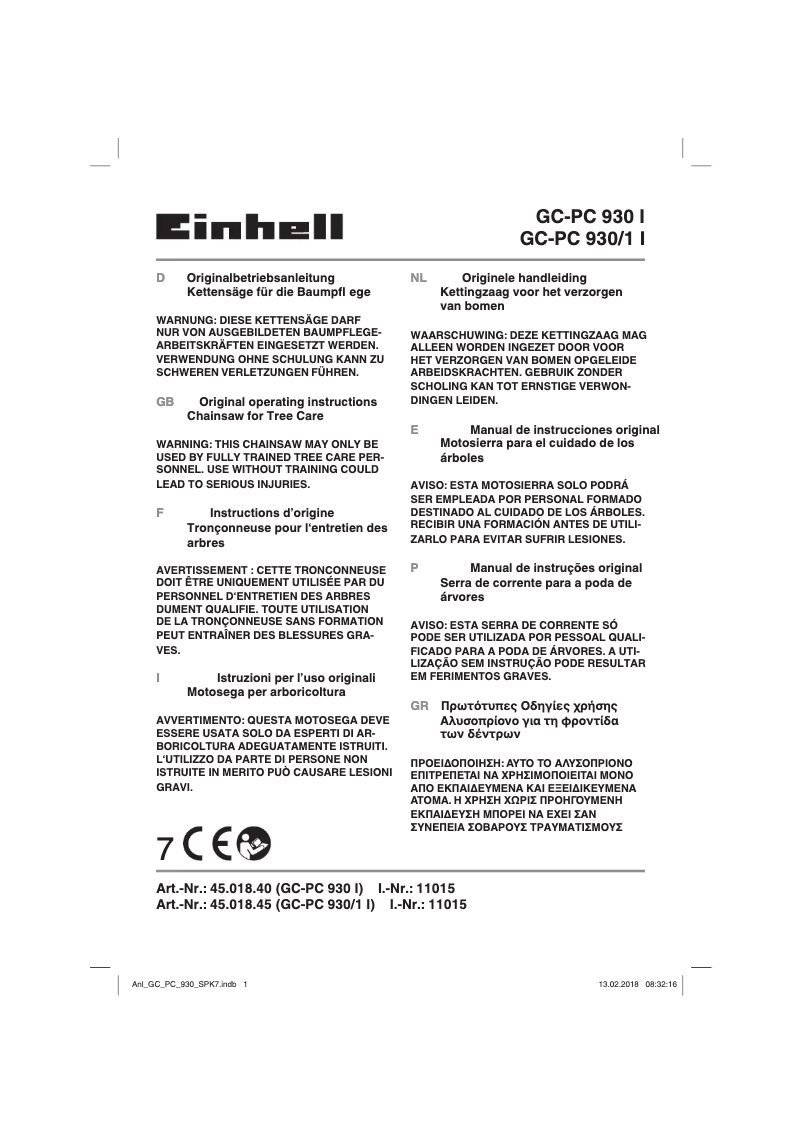 Page n°1 - Manuel utilisateur Einhell GC-PC 930/1 I
