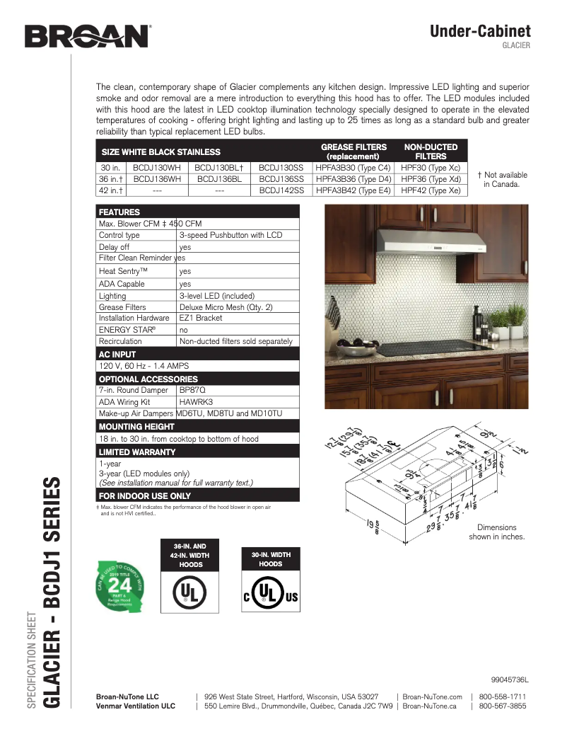 Página 1 del manual Ficha técnica Broan BCDJ142SS