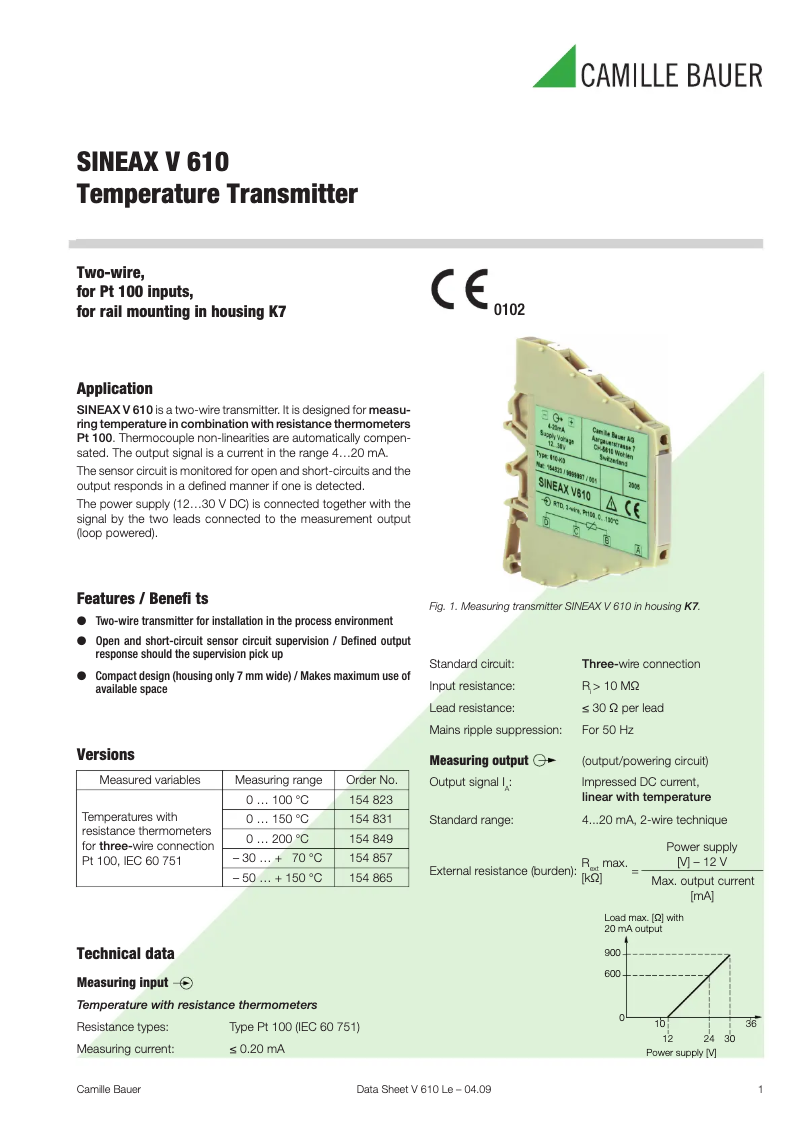Page n°1 - Fiche technique Camille Bauer Sineax V610