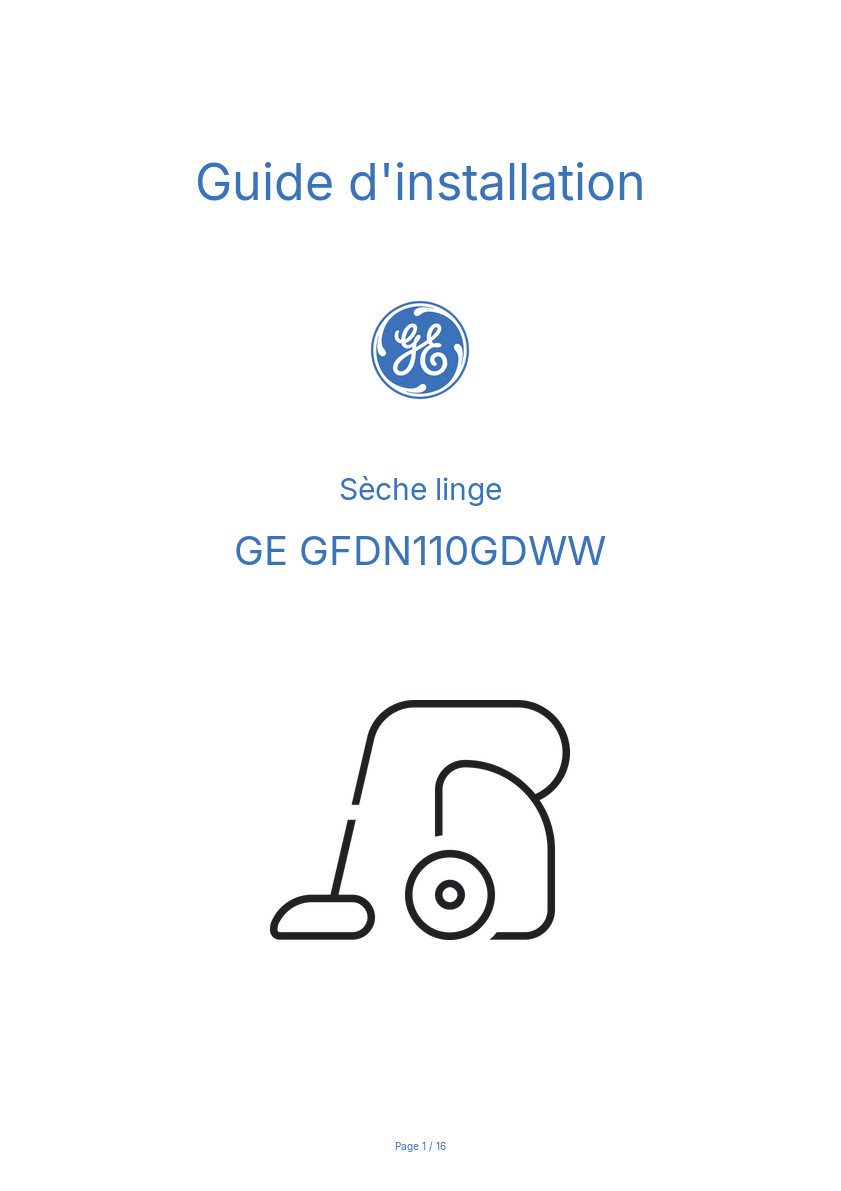 Page n°1 - Guide d'installation GE GFDN110GDWW