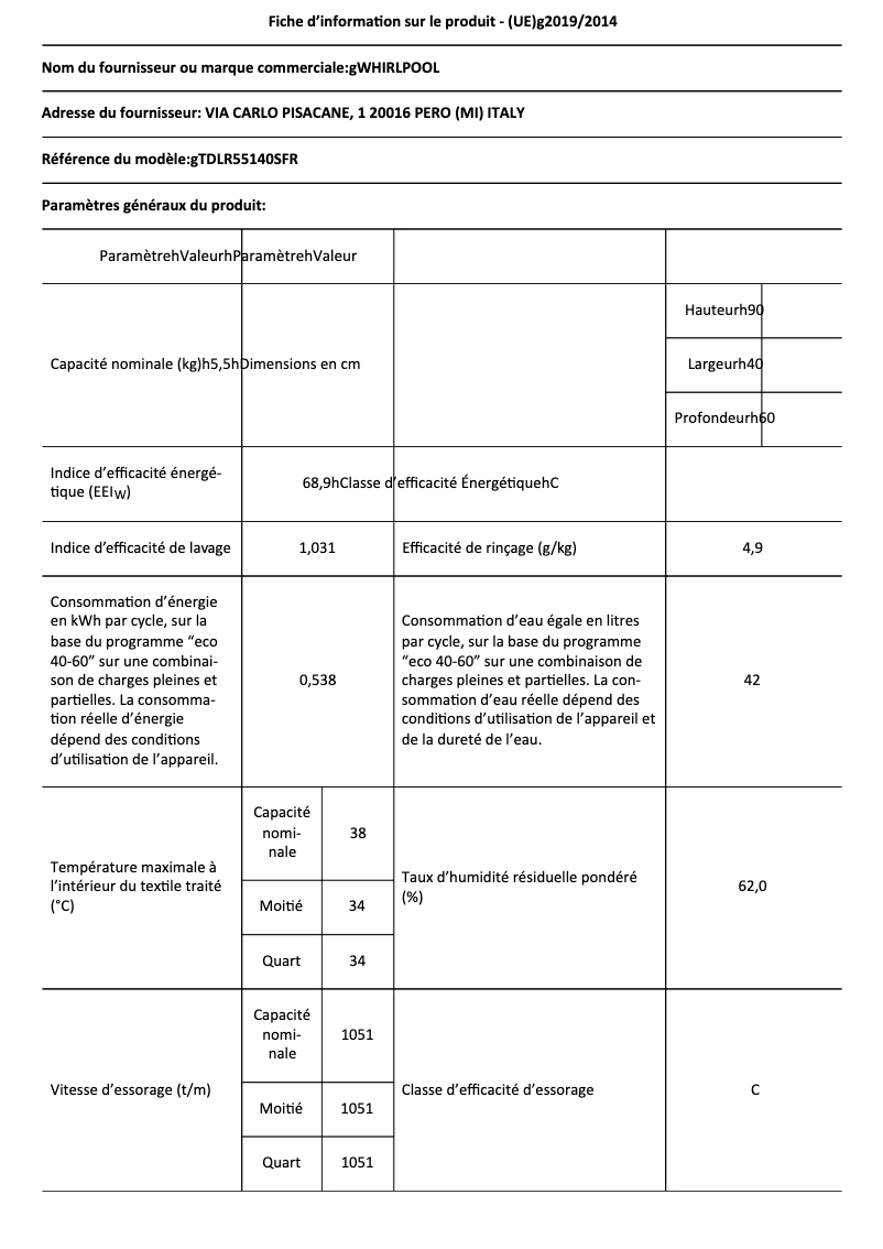 Page 1 de la notice Fiche technique Whirlpool TDLR55140SFR