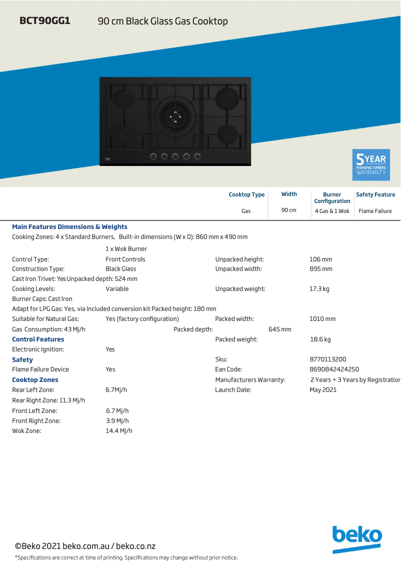Page 1 de la notice Fiche technique Beko BCT90GG1