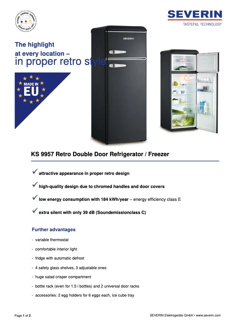 Page 1 of the manual Technical Sheet Severin KS 9957