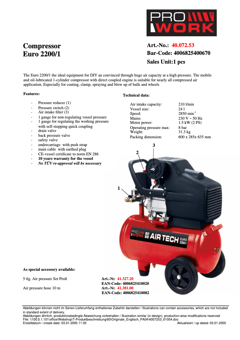 Page n°1 - Fiche technique Prowork EURO 2200-1
