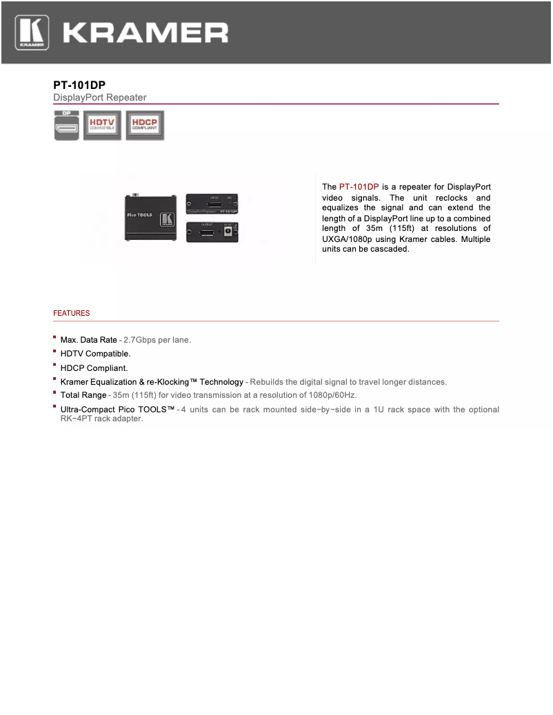 Page 1 de la notice Brochure Kramer PT-101DP