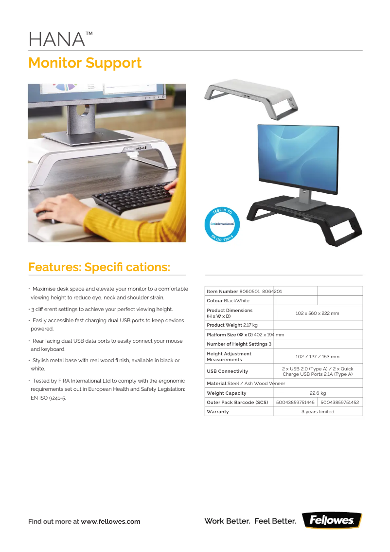 Page 1 de la notice Fiche technique Fellowes Hana