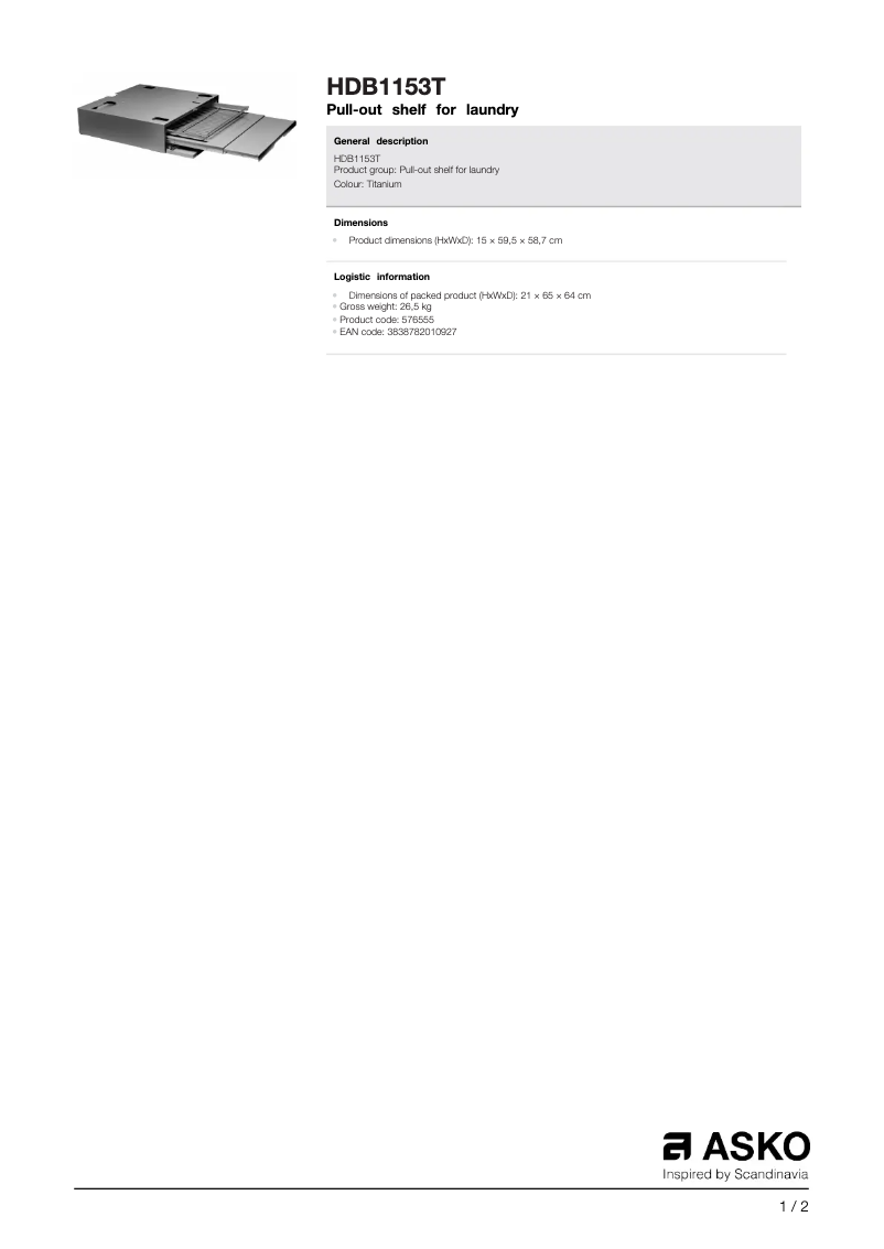 Page 1 de la notice Fiche technique Asko HDB1153T