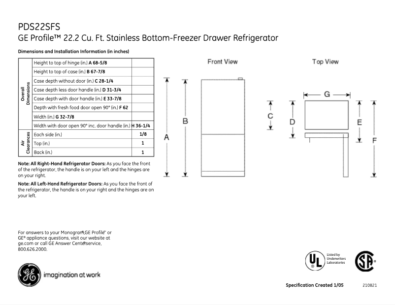 Page 1 de la notice Fiche technique GE Profile PDS22SFSRSS