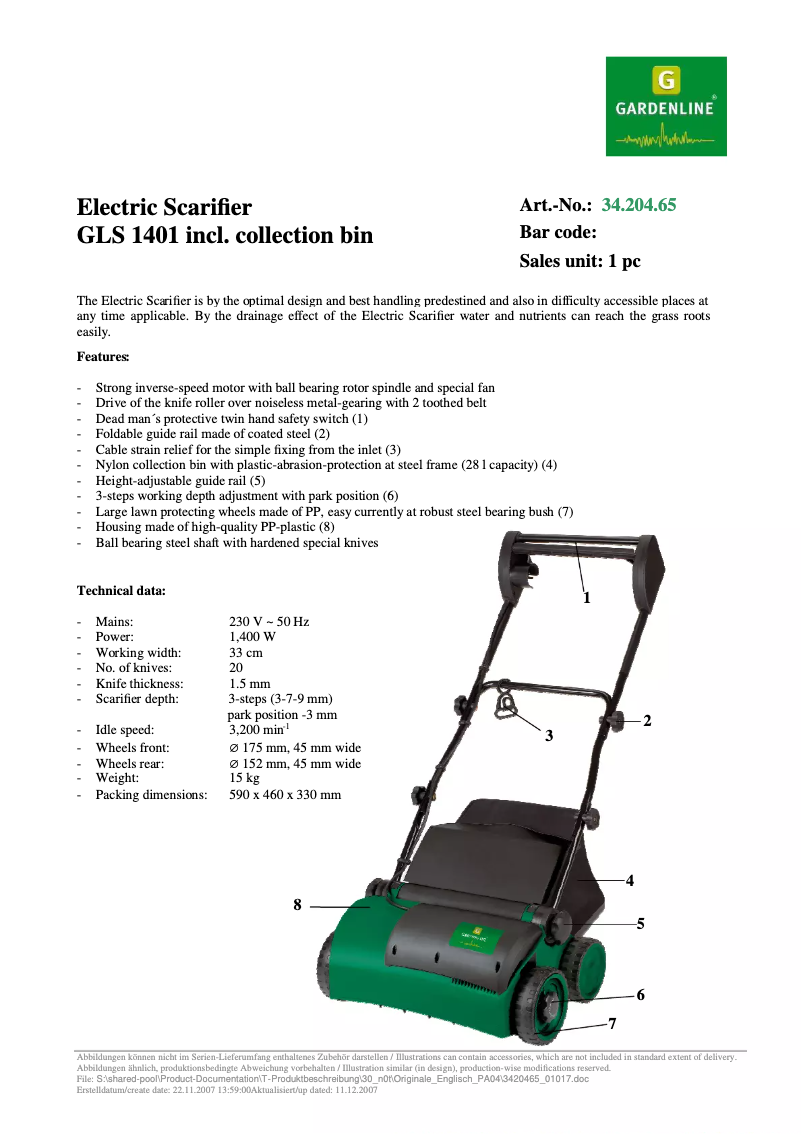 Página 1 del manual Ficha técnica Gardenline GLS 1401