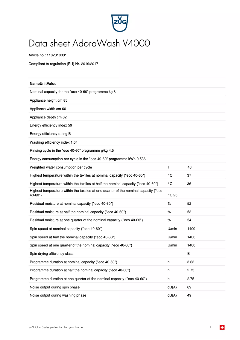 Page 1 of the manual Technical Sheet V-Zug AdoraWash V4000