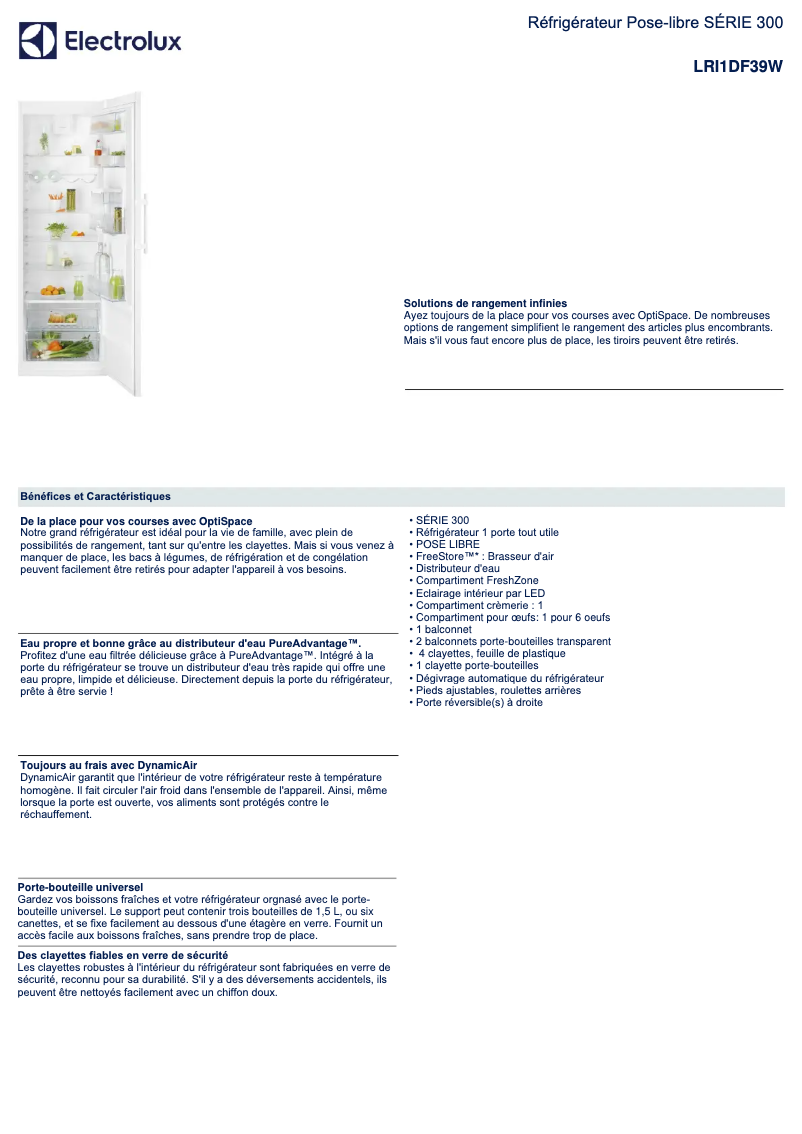 Page 1 de la notice Fiche technique Electrolux LRI1DF39W