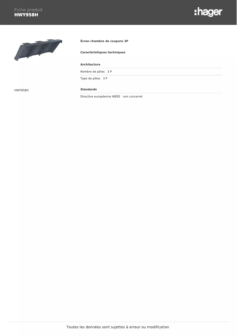 Page 1 de la notice Fiche technique Hager HWY958H