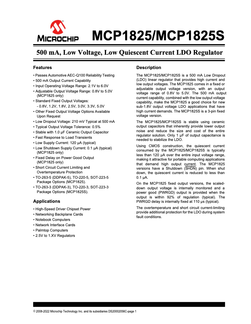 Imagen de la primera página del manual del dispositivo MCP1825