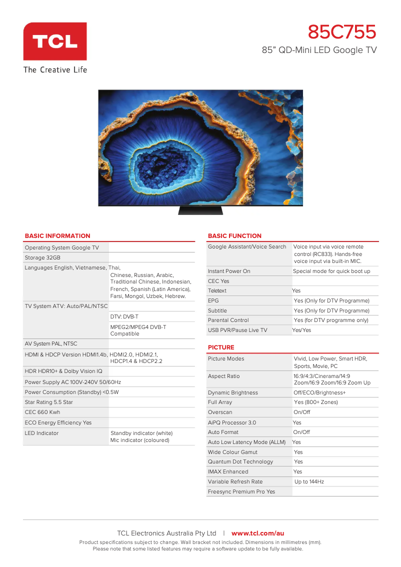 Page 1 de la notice Fiche technique TCL 85C755