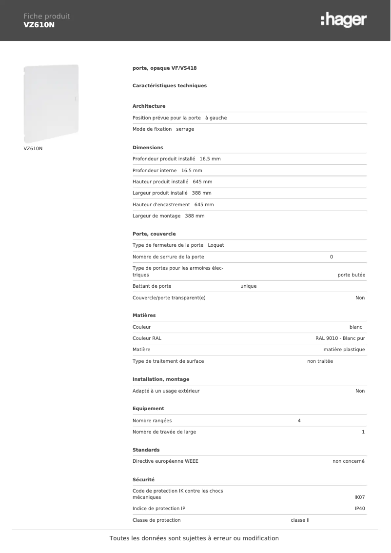 Page 1 de la notice Fiche technique Hager VZ610N