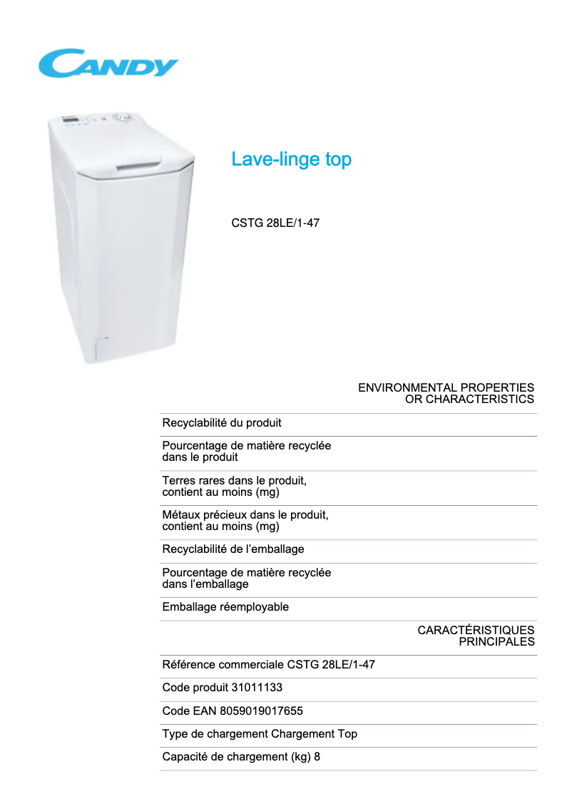 Page 1 de la notice Fiche technique Candy CSTG 28LE/1-47