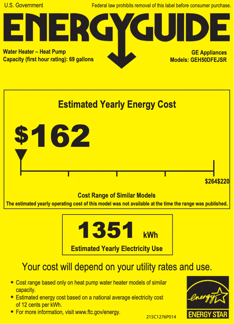 Page 1 de la notice Label énergétique GE GeoSpring H50DFEJSR