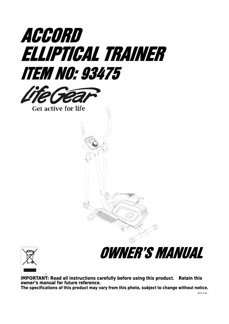 Imagen de la primera página del manual del dispositivo Accord Elliptical Trainer 93475