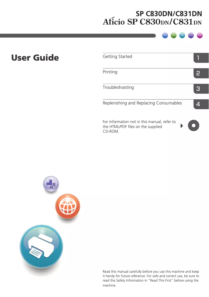 Image de la première page du manuel de l'appareil Aficio SP C831DN