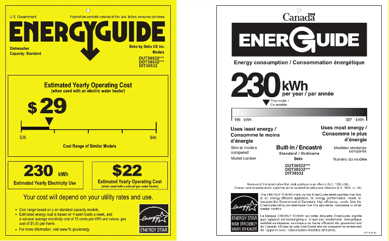 Page 1 de la notice Label énergétique Beko DUT36522X