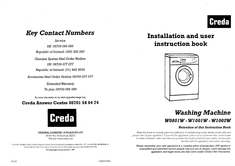 Page 1 of the manual User Manual Creda W1002W