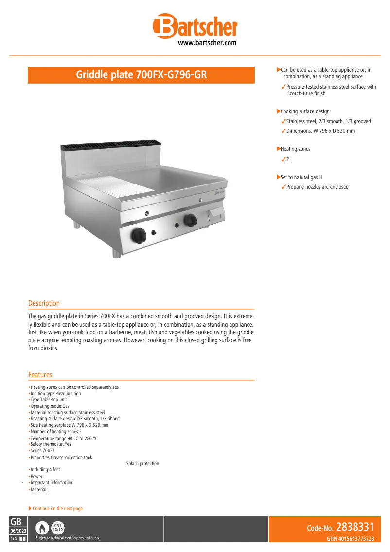 Page 1 de la notice Fiche technique Bartscher 700FX-G796-GR
