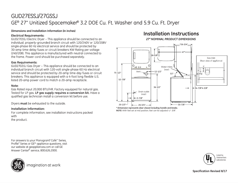 Page 1 de la notice Fiche technique GE Spacemaker GUD27ESSJWW