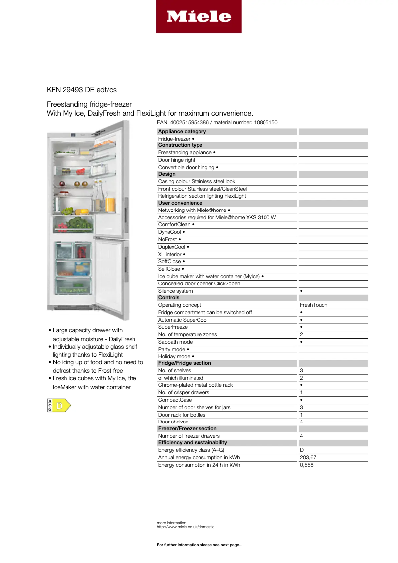 Página 1 del manual Ficha técnica Miele KFN 29493 DE edtcs