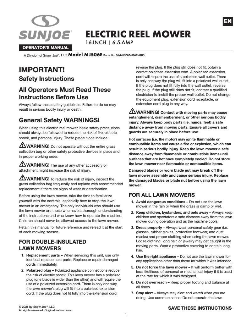 Page n°1 - Manuel utilisateur Sun Joe MJ506E