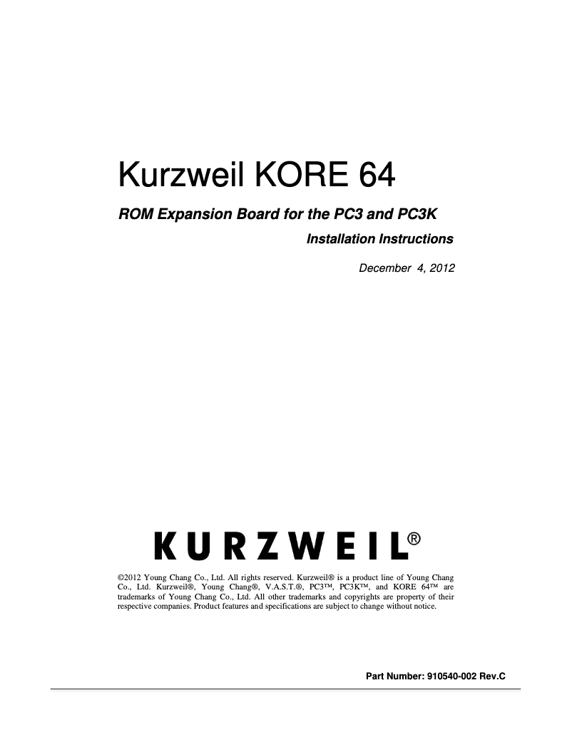 Page 1 de la notice Guide d'installation Kurzweil PC3K6