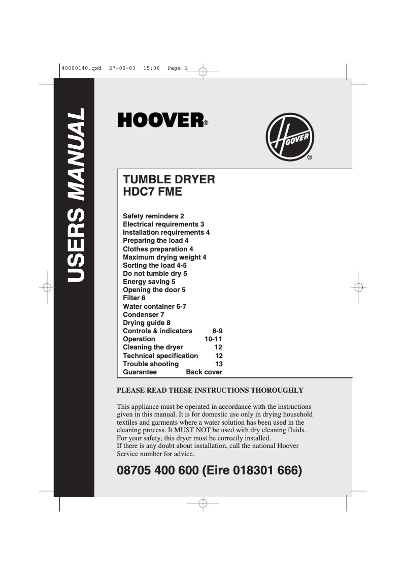 Page n°1 - Manuel utilisateur Hoover HDC 7 FME