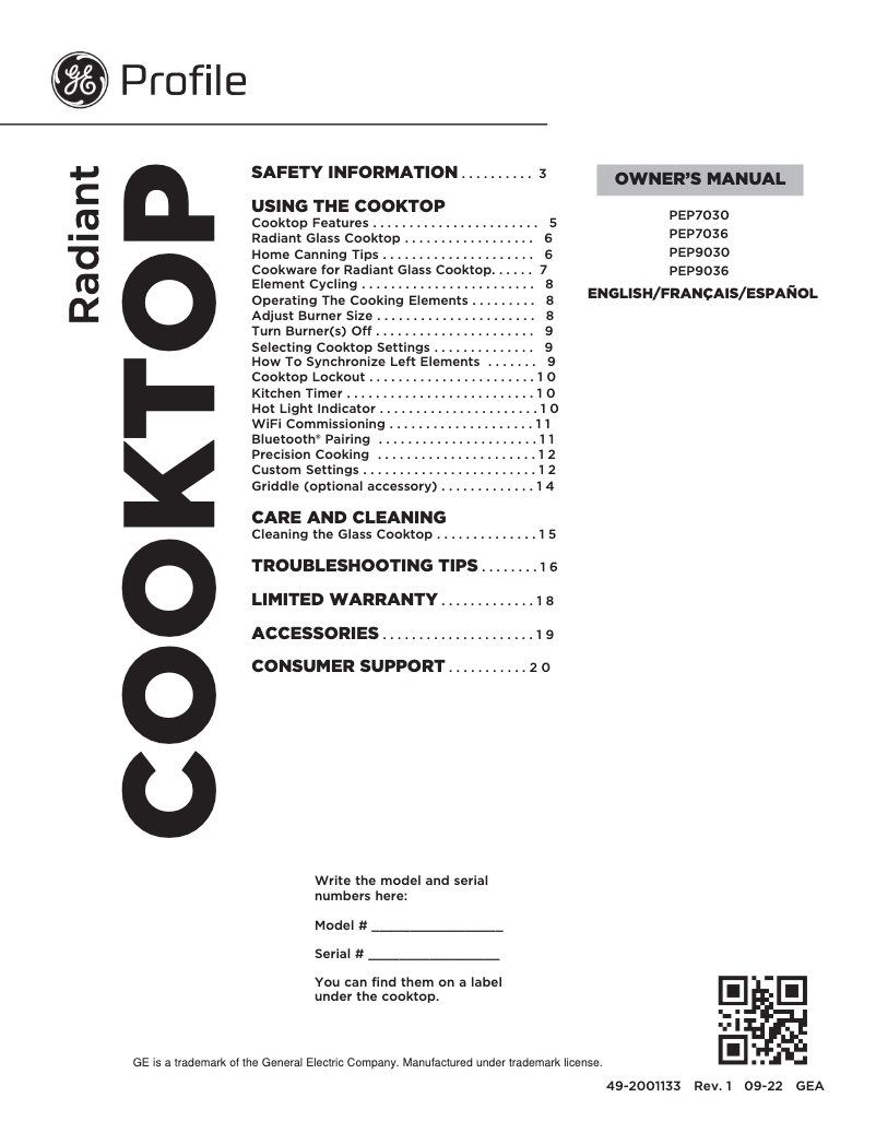 Page n°1 - Manuel utilisateur GE Profile PEP9030STSS