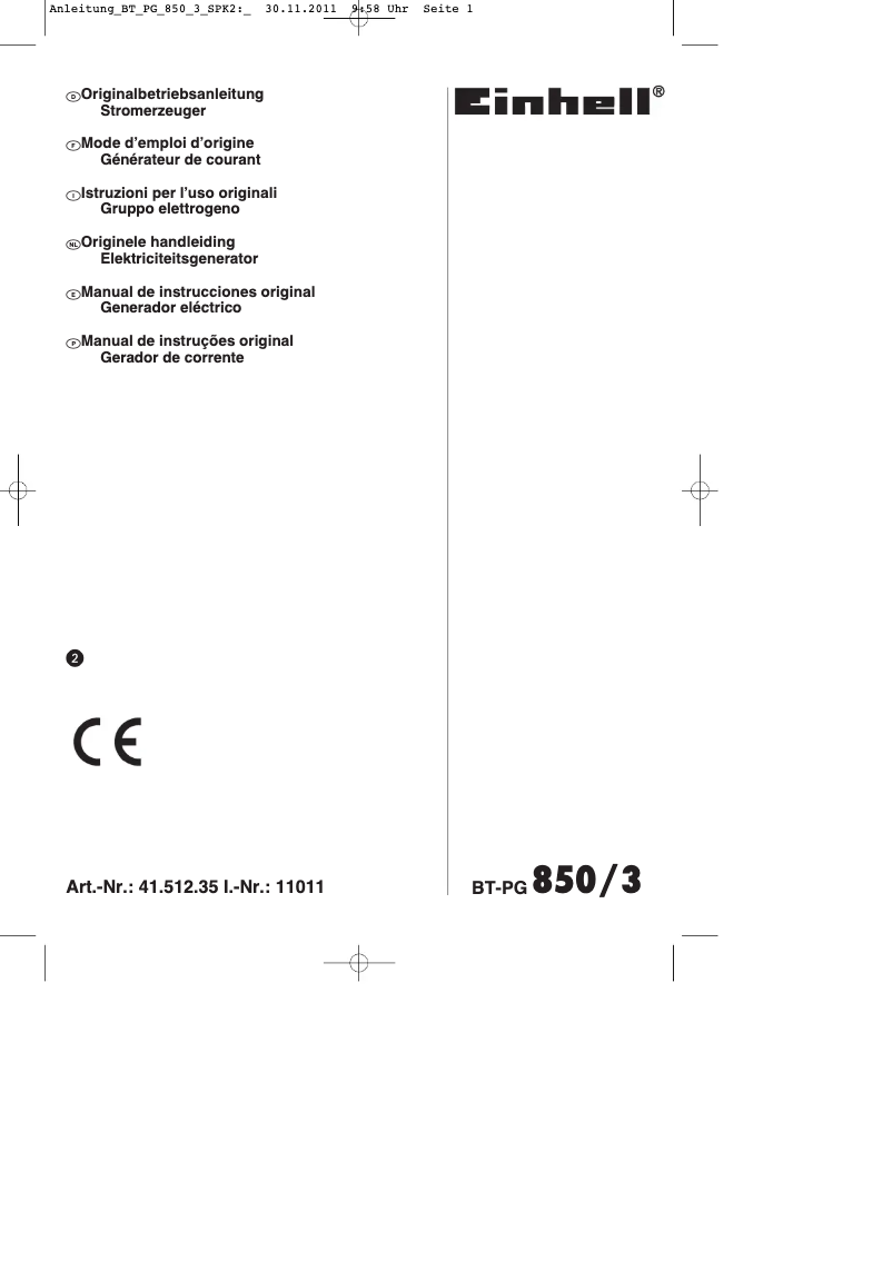 Page 1 de la notice Mode d'emploi Einhell BT-PG 850/3