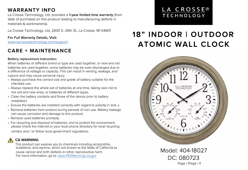 Page n°1 - Manuel utilisateur La Crosse Technology 404-18027
