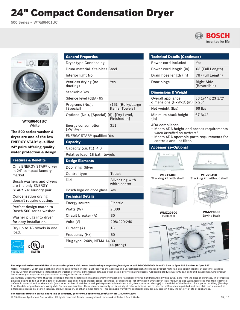 Page 1 of the manual Technical Sheet Bosch WTG86401U