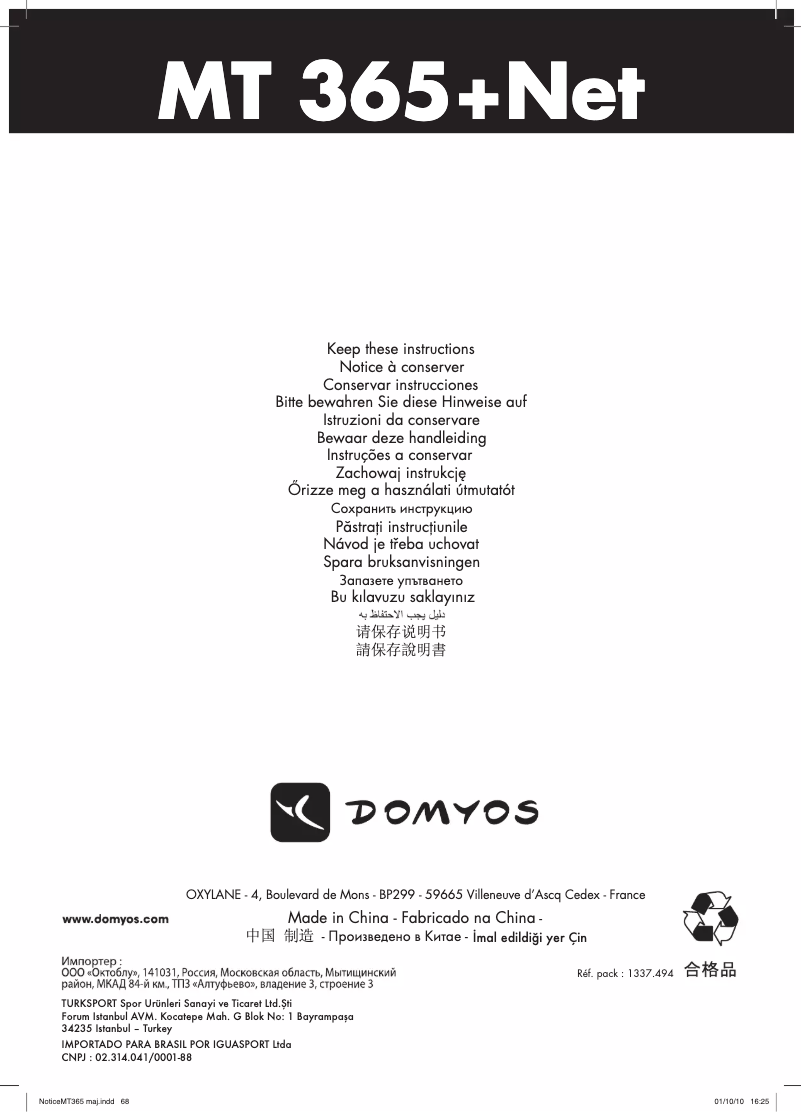 Page n°1 - Manuel utilisateur Domyos MT 365