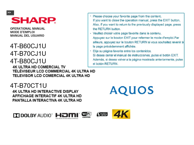 Image de la première page du manuel de l'appareil Aquos B70CT