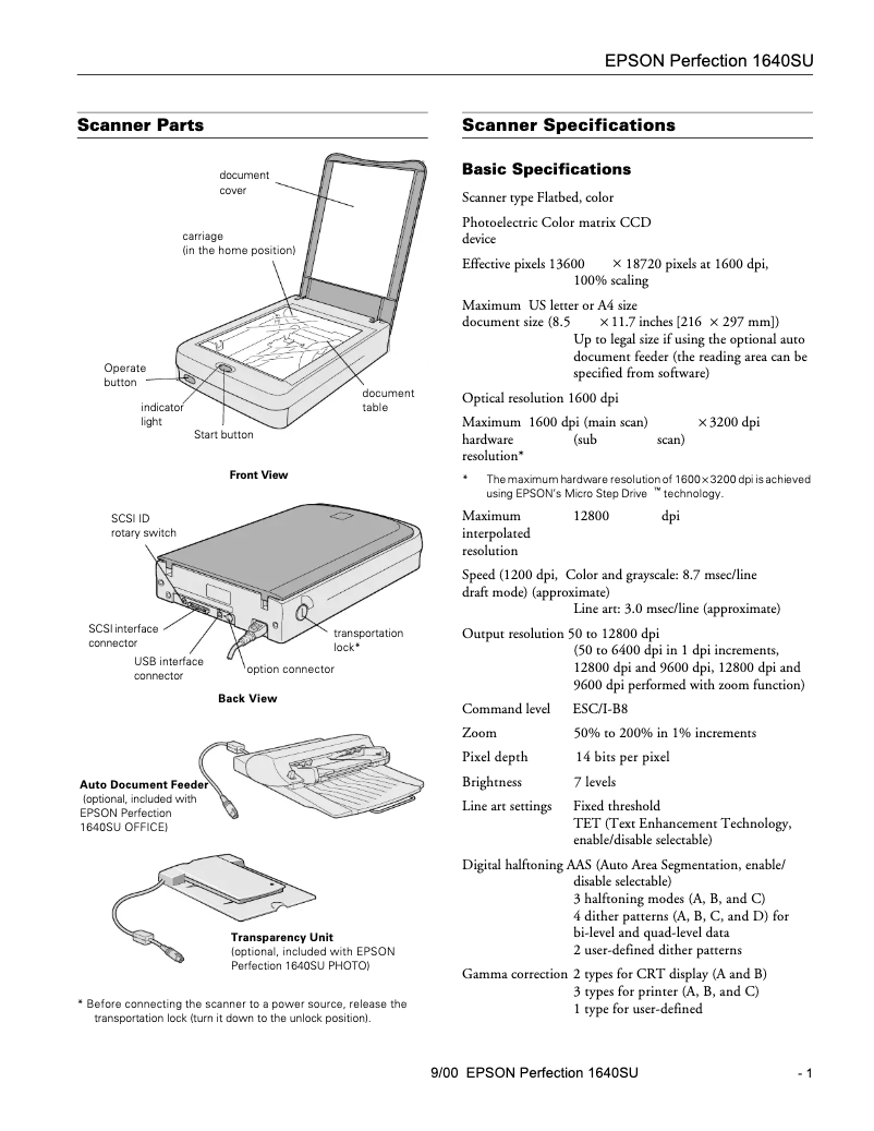 Page n°1 - Fiche technique Epson Perfection 1640SU