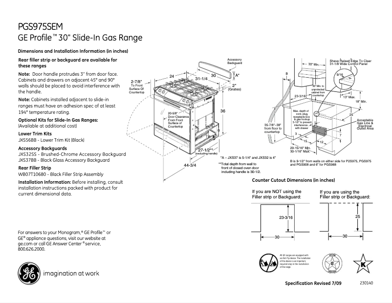 Page 1 de la notice Fiche technique GE PGS975SEMSS