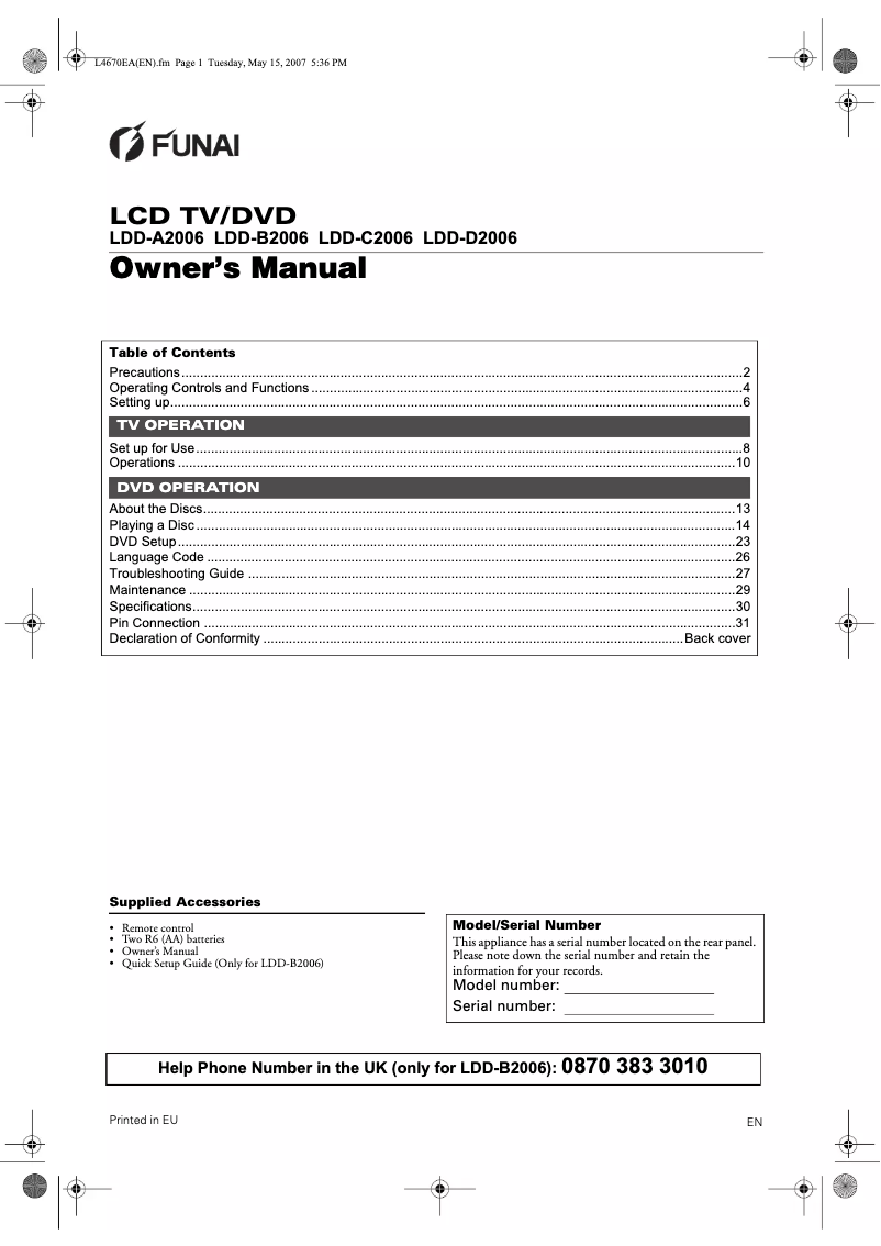 Page 1 de la notice Manuel utilisateur Funai LDD-A2006